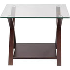 Table d'appoint carrée moderne en bois Espresso de 60,3 cm de large avec étagère, plateau en verre transparent marron pour salon, chambre, entrée