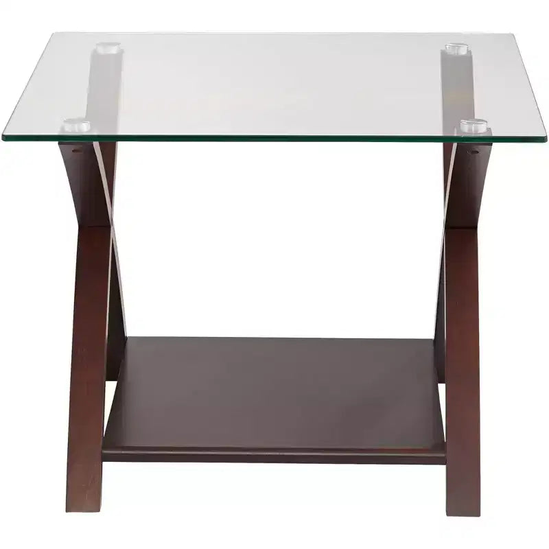 Modern Espresso Wood Square Accent Side End Table 23 3/4 Wide with Shelf, Brown Clear Glass Tabletop for Living Room Bedroom Entryway