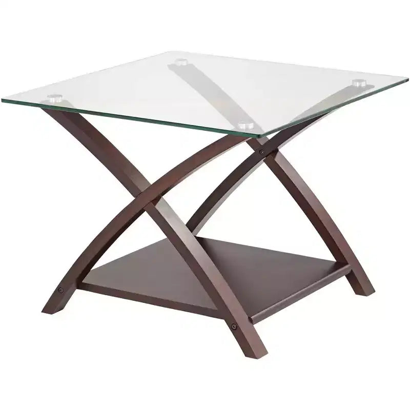 Modern Espresso Wood Square Accent Side End Table 23 3/4 Wide with Shelf, Brown Clear Glass Tabletop for Living Room Bedroom Entryway