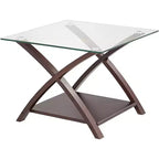 Table d'appoint carrée moderne en bois Espresso de 60,3 cm de large avec étagère, plateau en verre transparent marron pour salon, chambre, entrée
