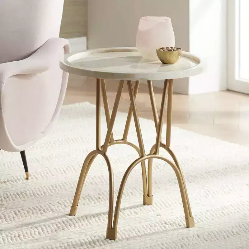 Modern Metal Round Accent Table 20 Wide Gold Mosaic Bone Tile Tabletop for Living Room Bedroom Bedside Entryway