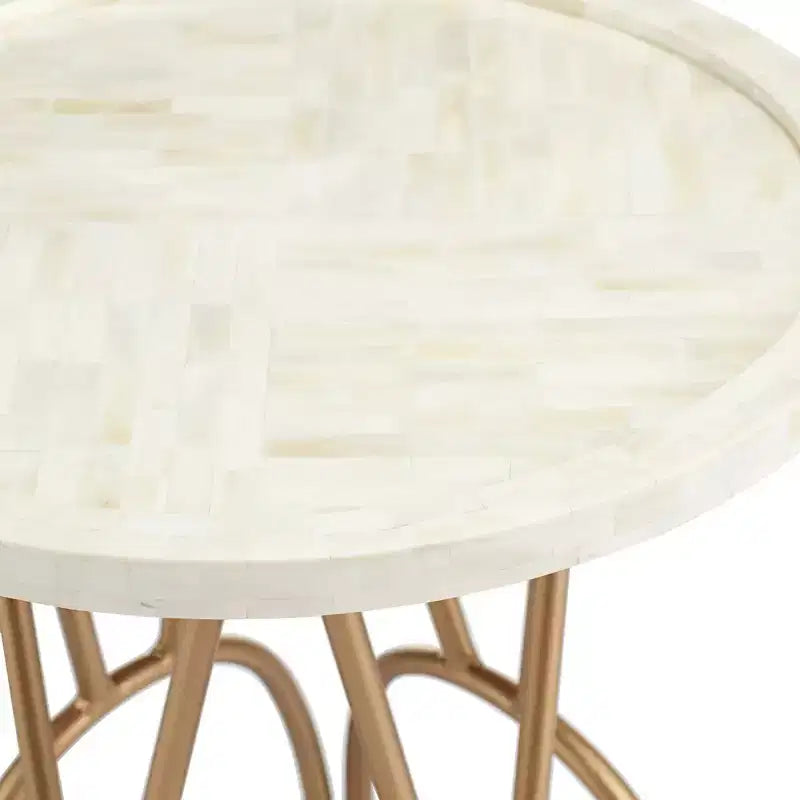 Modern Metal Round Accent Table 20 Wide Gold Mosaic Bone Tile Tabletop for Living Room Bedroom Bedside Entryway