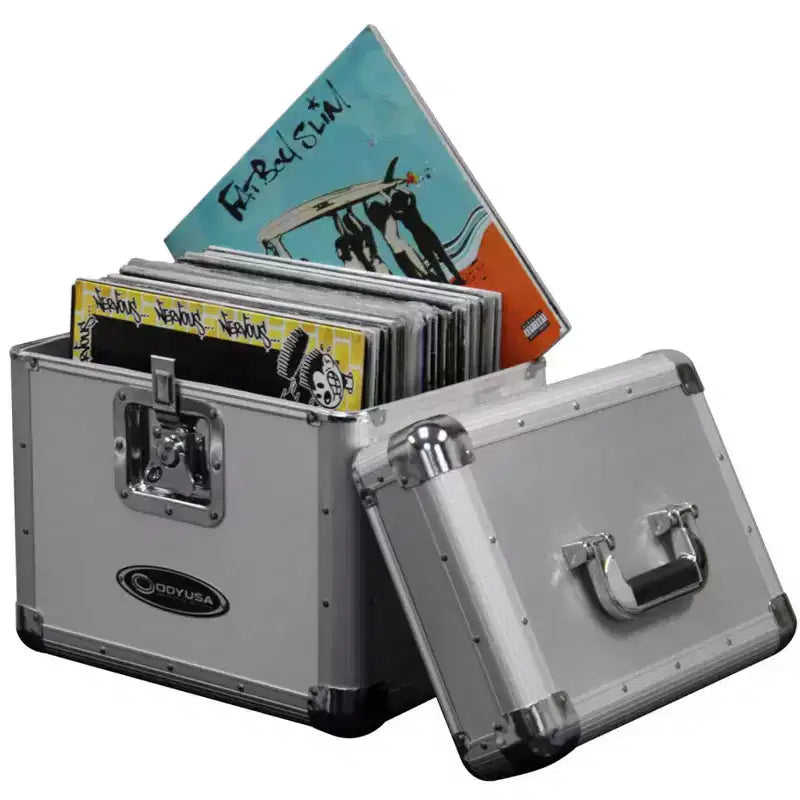 Record Utility Case for 70 Vinyl Records and LPs with Foam-Lined Interior, Secure Lock, and Handle, Silver