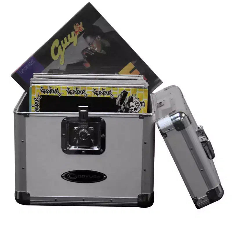 Record Utility Case for 70 Vinyl Records and LPs with Foam-Lined Interior, Secure Lock, and Handle, Silver