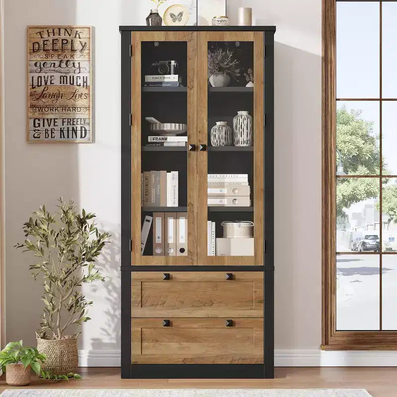 Vaisselier de cuisine de ferme avec portes vitrées, Armoire de rangement de 183 cm avec tiroirs et étagères réglables pour salle à manger, salle de bain, salon