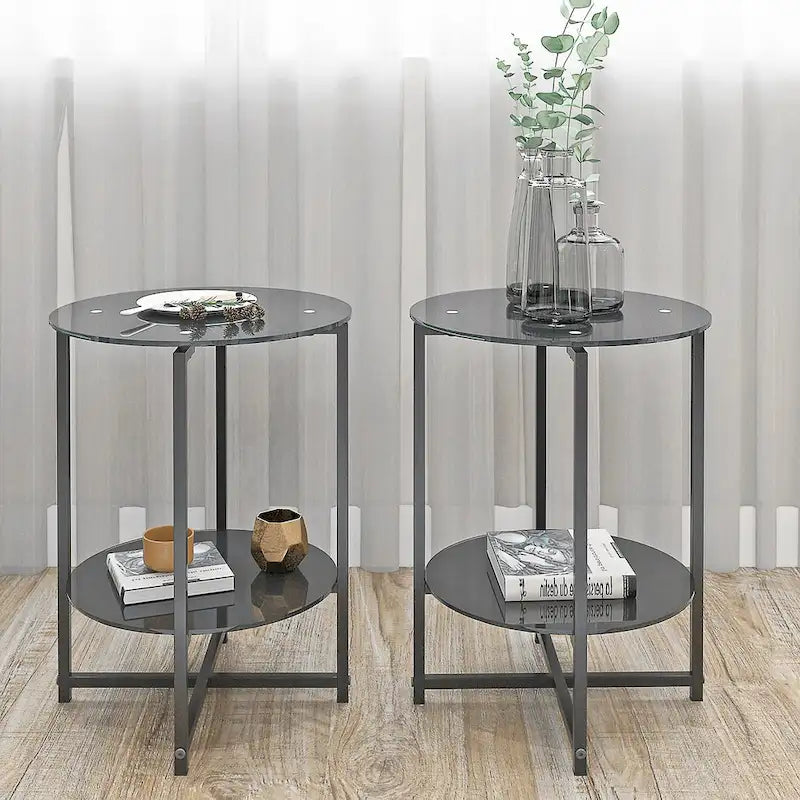 Lot de 2 tables d'appoint en verre trempé (noir), tables basses rondes pour chambre, salon, bureau