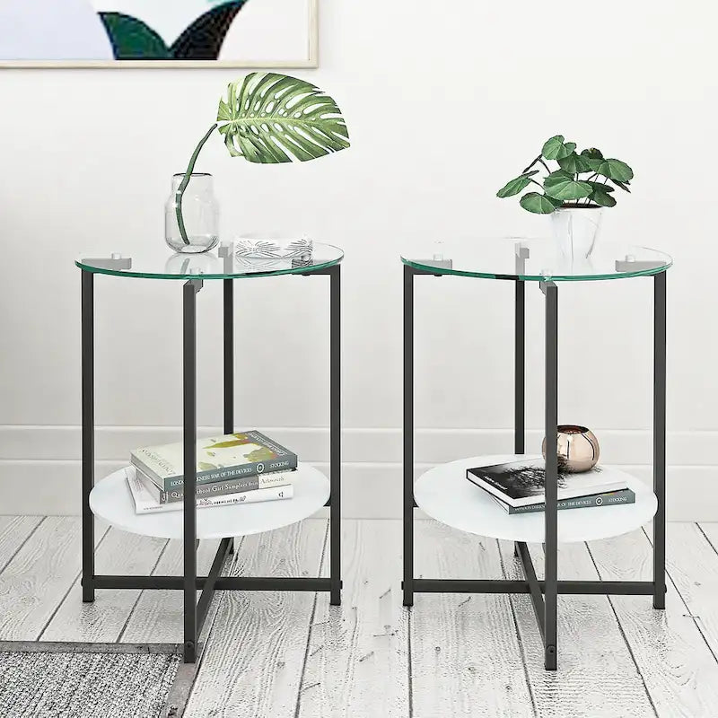 Lot de 2 tables d'appoint en verre trempé (noir), tables basses rondes pour chambre, salon, bureau