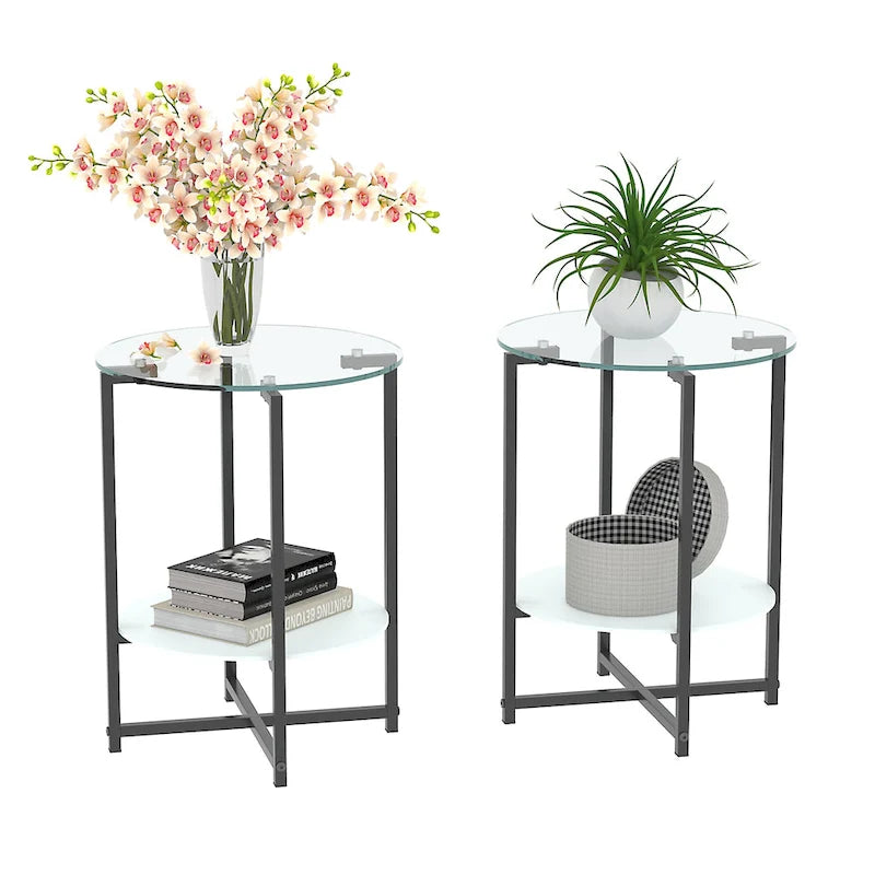 Lot de 2 tables d'appoint en verre trempé (noir), tables basses rondes pour chambre, salon, bureau