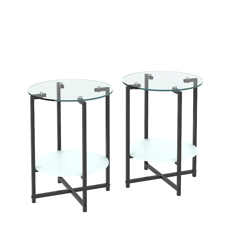 Lot de 2 tables d'appoint en verre trempé (noir), tables basses rondes pour chambre, salon, bureau