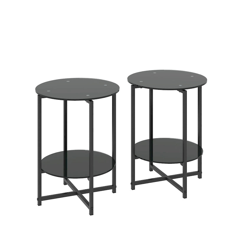Lot de 2 tables d'appoint en verre trempé (noir), tables basses rondes pour chambre, salon, bureau