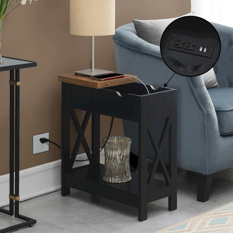 Table d'appoint Oxford Flip Top de Convenience Concepts avec station de charge et étagère