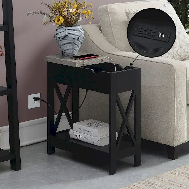 Table d'appoint Oxford Flip Top de Convenience Concepts avec station de charge et étagère