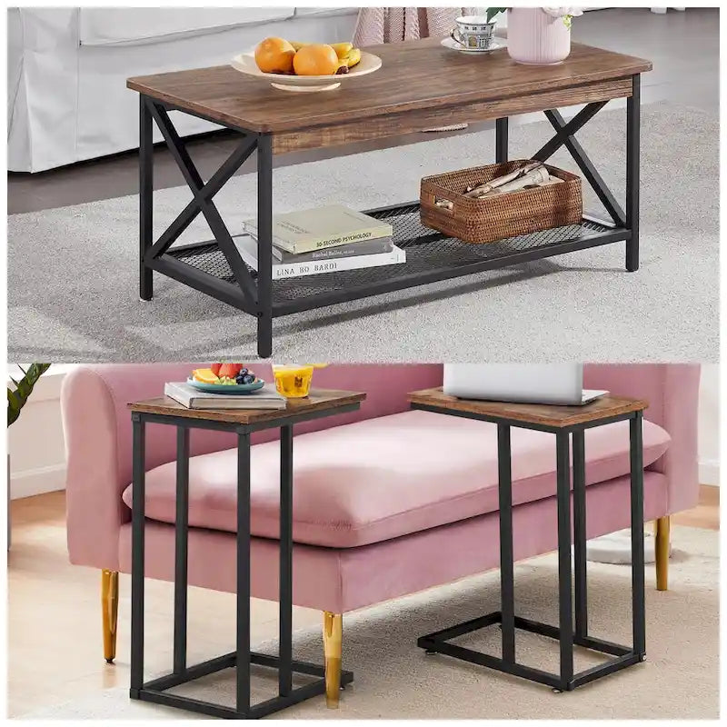 Javlergo Ensemble de 3 Tables Basses pour Salon, Table Basse en Bois et Ensemble de 2 Tables d'Appoint en C