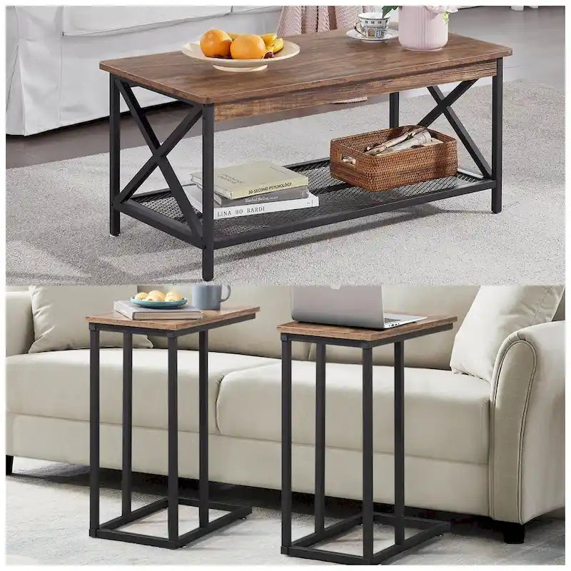 Javlergo Ensemble de 3 Tables Basses pour Salon, Table Basse en Bois et Ensemble de 2 Tables d'Appoint en C