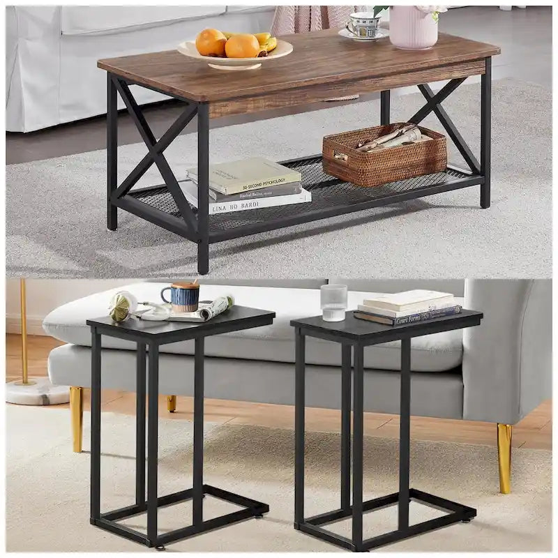 Javlergo Ensemble de 3 Tables Basses pour Salon, Table Basse en Bois et Ensemble de 2 Tables d'Appoint en C