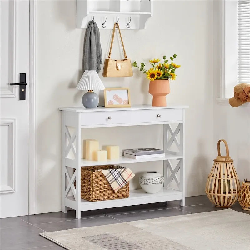 Console Yaheetech X Design avec 1 tiroir et 2 étagères ouvertes