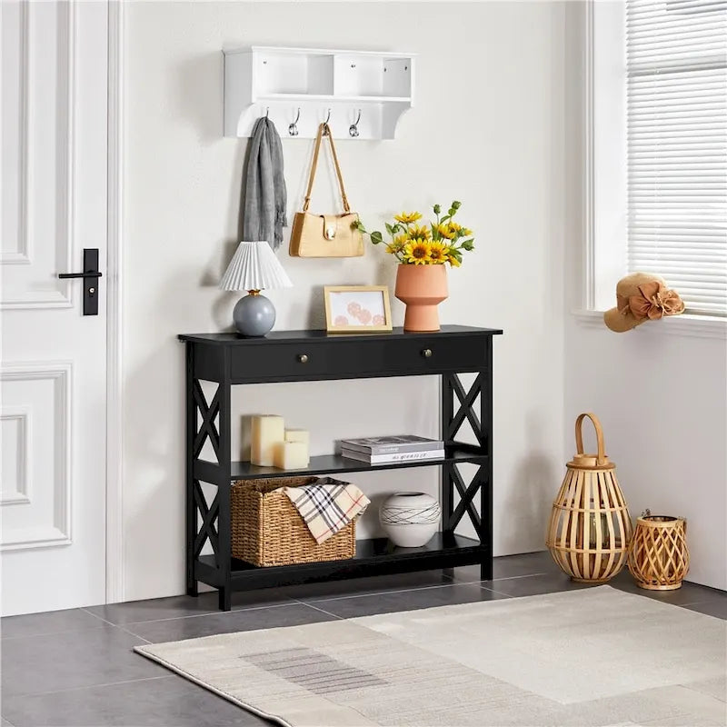 Console Yaheetech X Design avec 1 tiroir et 2 étagères ouvertes
