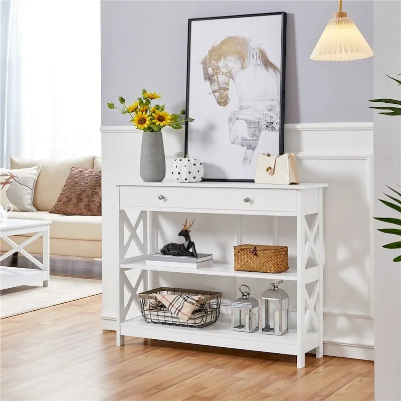 Console Yaheetech X Design avec 1 tiroir et 2 étagères ouvertes