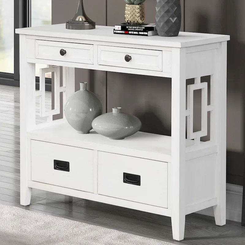 Table console de 36 po en pin de style rustique pour entrée de canapé avec 4 tiroirs et 1 étagère de rangement