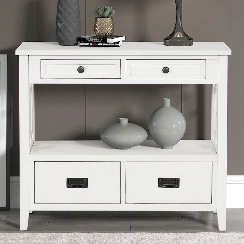 Table console de 36 po en pin de style rustique pour entrée de canapé avec 4 tiroirs et 1 étagère de rangement