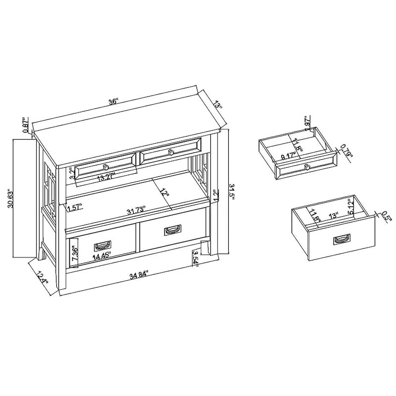 Table console de 36 po en pin de style rustique pour entrée de canapé avec 4 tiroirs et 1 étagère de rangement