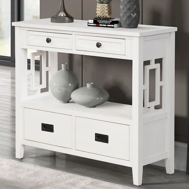 Table console de 36 po en pin de style rustique pour entrée de canapé avec 4 tiroirs et 1 étagère de rangement
