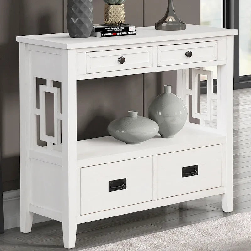 Table console de 36 po en pin de style rustique pour entrée de canapé avec 4 tiroirs et 1 étagère de rangement