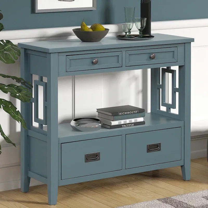 Table console de 36 po en pin de style rustique pour entrée de canapé avec 4 tiroirs et 1 étagère de rangement
