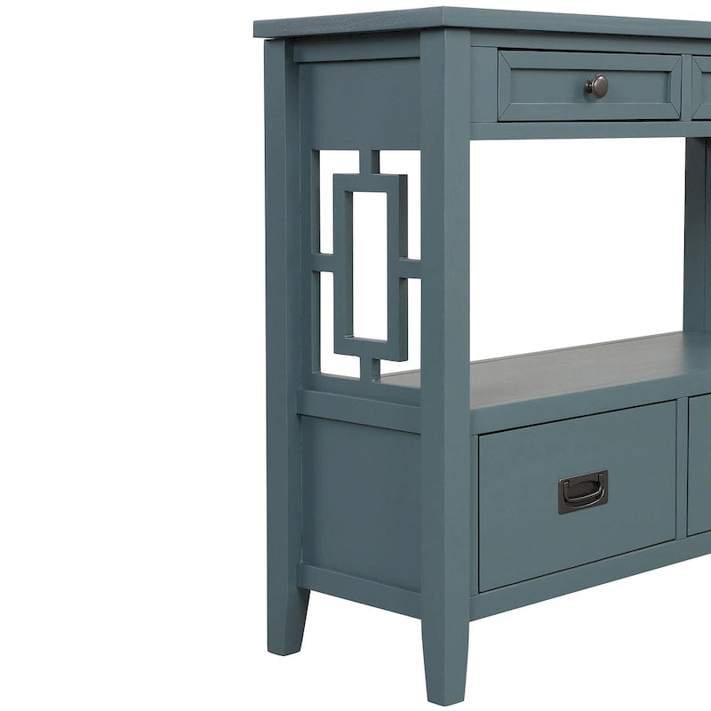 Table console de 36 po en pin de style rustique pour entrée de canapé avec 4 tiroirs et 1 étagère de rangement