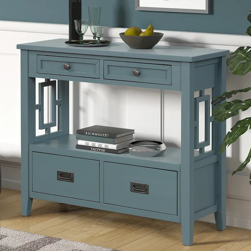 Table console de 36 po en pin de style rustique pour entrée de canapé avec 4 tiroirs et 1 étagère de rangement
