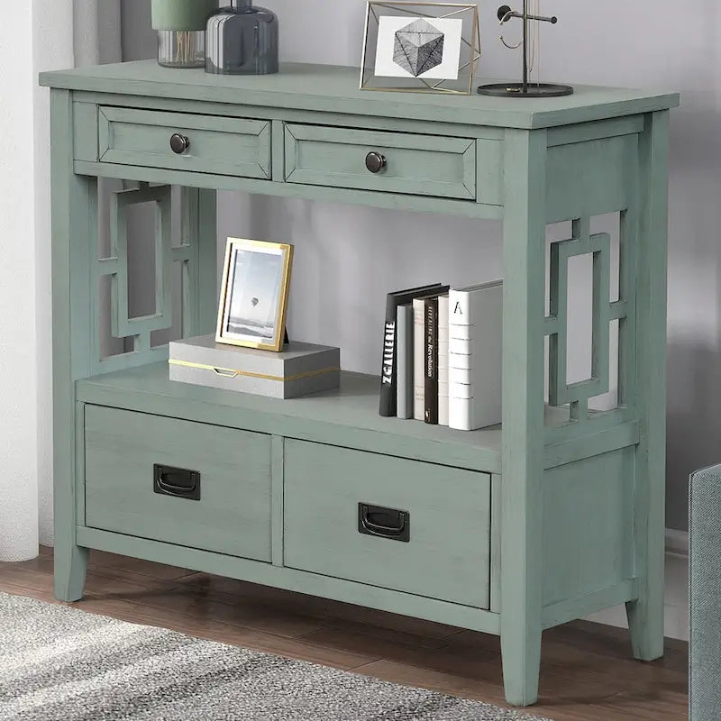 Table console de 36 po en pin de style rustique pour entrée de canapé avec 4 tiroirs et 1 étagère de rangement