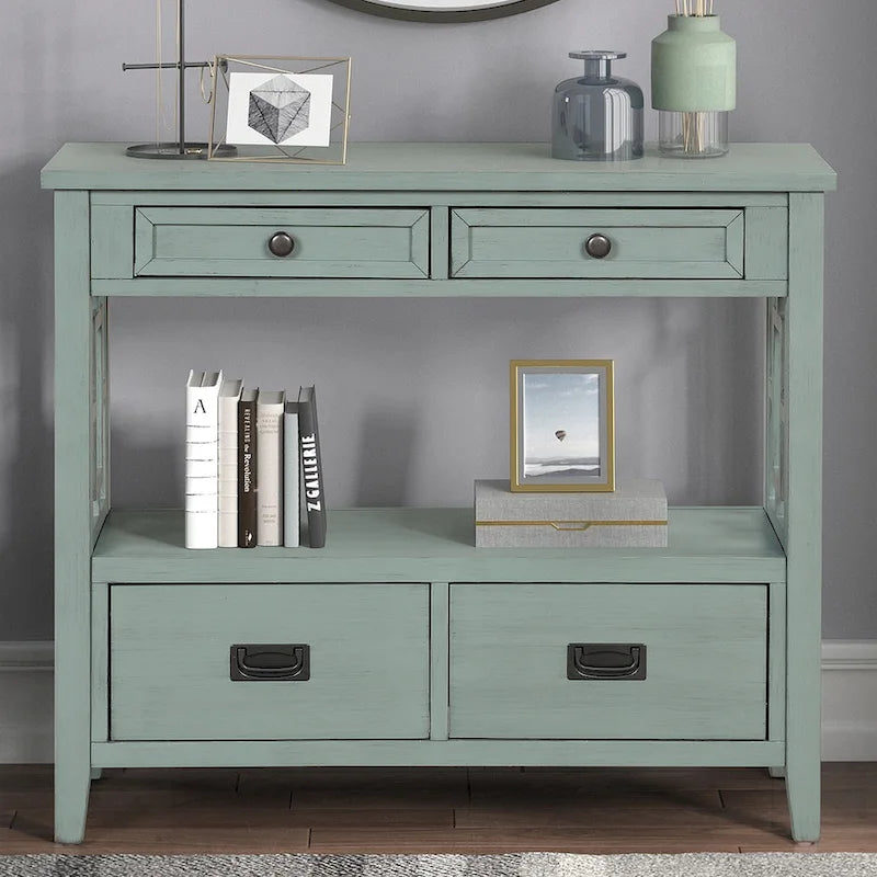 Table console de 36 po en pin de style rustique pour entrée de canapé avec 4 tiroirs et 1 étagère de rangement