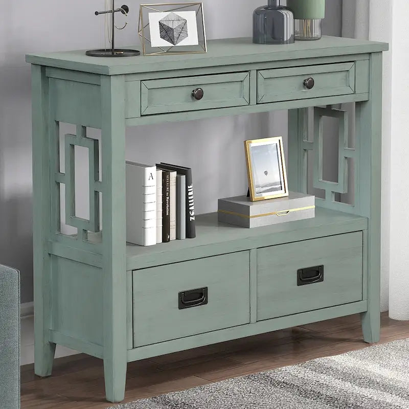 Table console de 36 po en pin de style rustique pour entrée de canapé avec 4 tiroirs et 1 étagère de rangement