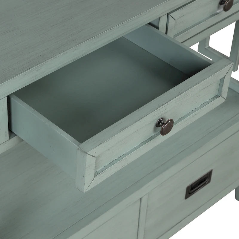 Table console de 36 po en pin de style rustique pour entrée de canapé avec 4 tiroirs et 1 étagère de rangement