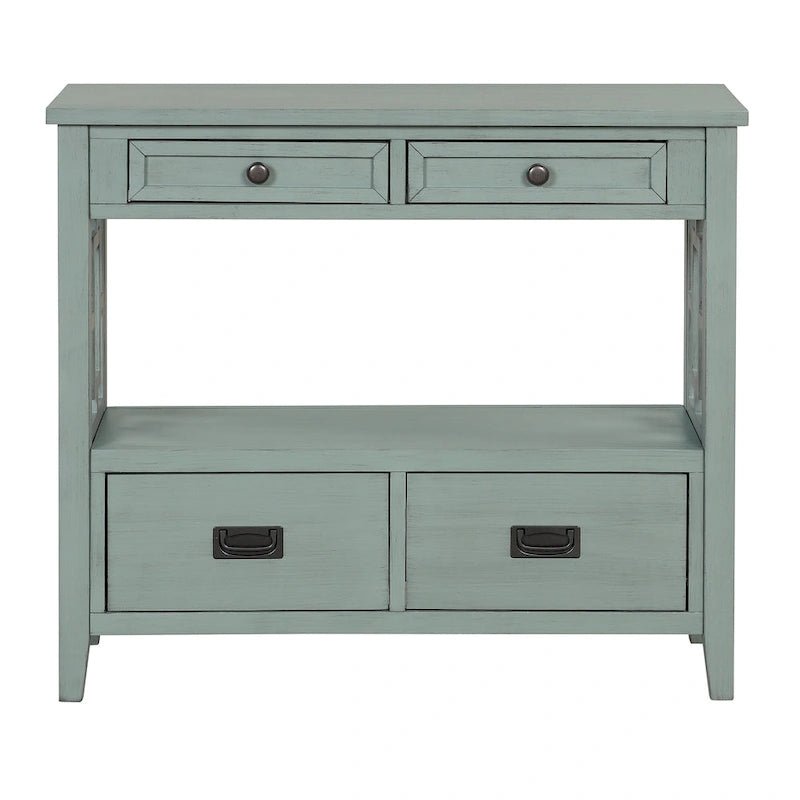 Table console de 36 po en pin de style rustique pour entrée de canapé avec 4 tiroirs et 1 étagère de rangement