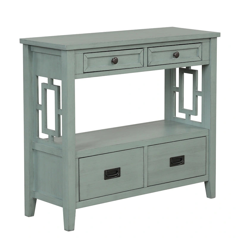 Table console de 36 po en pin de style rustique pour entrée de canapé avec 4 tiroirs et 1 étagère de rangement