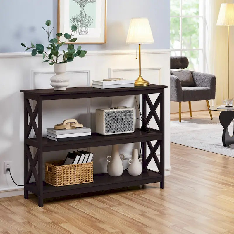 Yaheetech Table Console en Bois à 3 Niveaux avec Prise Électrique, Table d'Appoint de Canapé