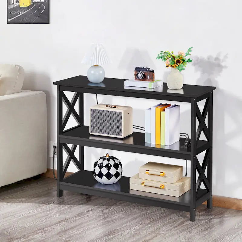 Yaheetech Table Console en Bois à 3 Niveaux avec Prise Électrique, Table d'Appoint de Canapé