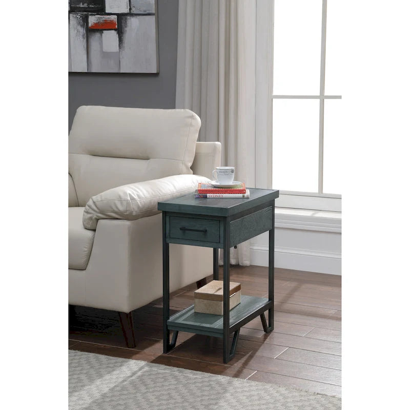 Table d'appoint compacte Hatfield Industrial de 12 pouces en métal avec 1 étagère, 1 tiroir et ports USB