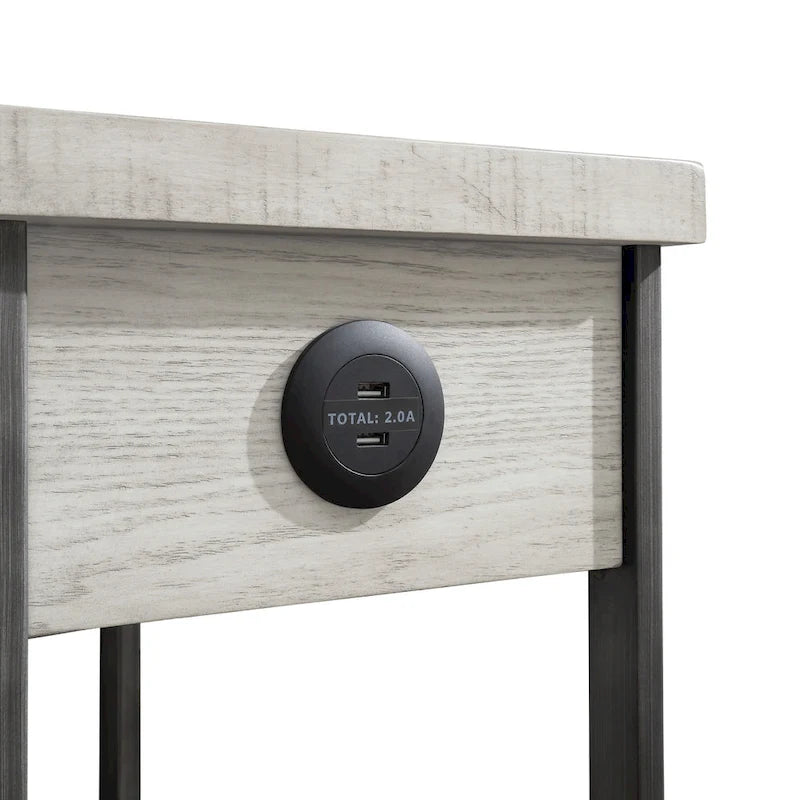 Table d'appoint compacte Hatfield Industrial de 12 pouces en métal avec 1 étagère, 1 tiroir et ports USB