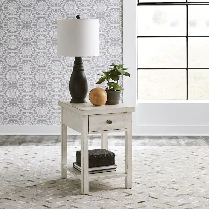Table d'appoint en bois blanc de style ferme moderne avec tiroir