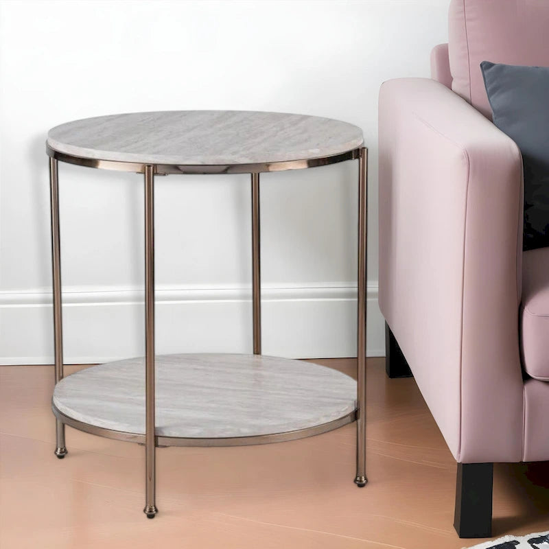 HomeRoots 24 Table d'appoint ronde en faux marbre champagne et fer avec étagère - 22x22x24.25