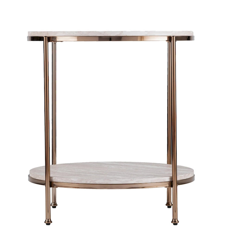 HomeRoots 24 Table d'appoint ronde en faux marbre champagne et fer avec étagère - 22x22x24.25