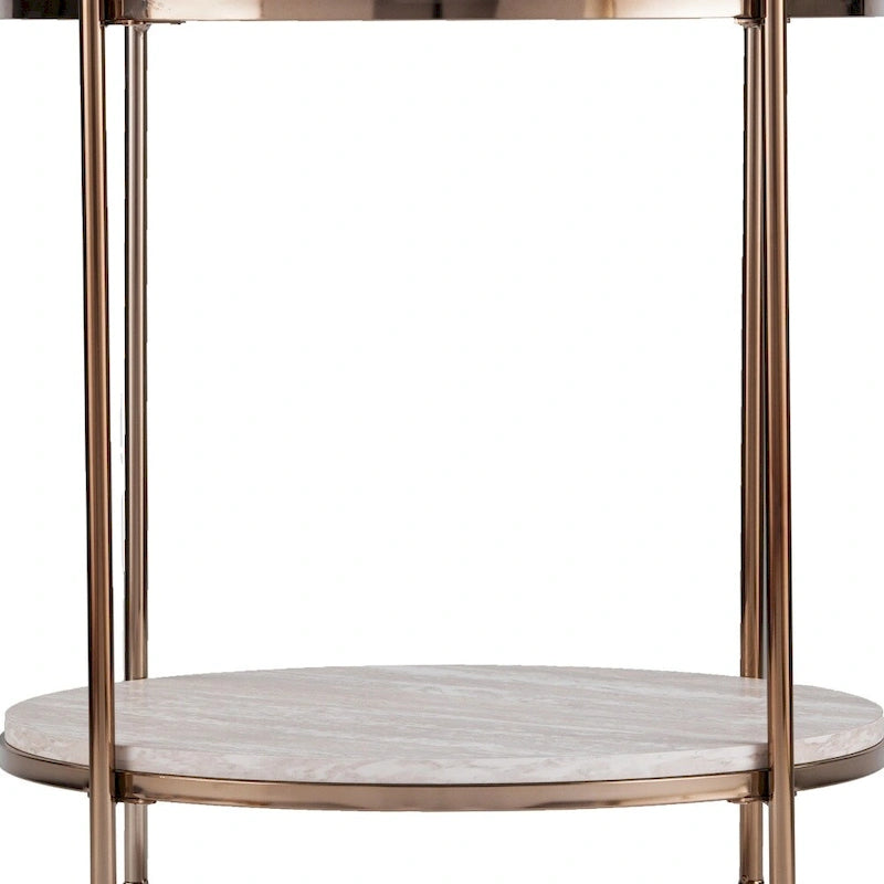 HomeRoots 24 Table d'appoint ronde en faux marbre champagne et fer avec étagère - 22x22x24.25