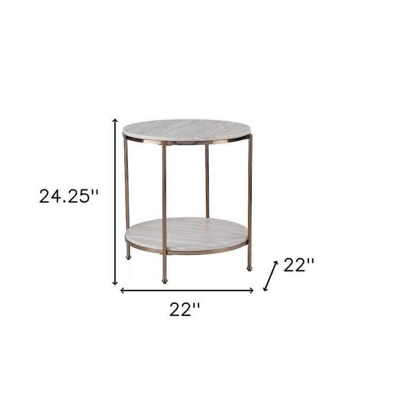 HomeRoots 24 Table d'appoint ronde en faux marbre champagne et fer avec étagère - 22x22x24.25