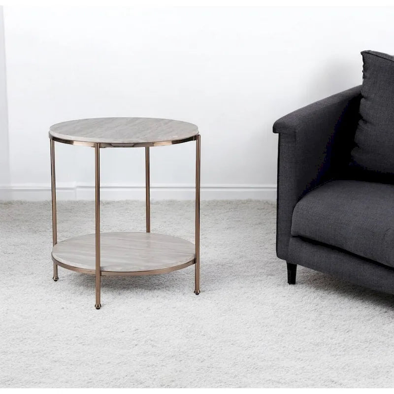 HomeRoots 24 Table d'appoint ronde en faux marbre champagne et fer avec étagère - 22x22x24.25