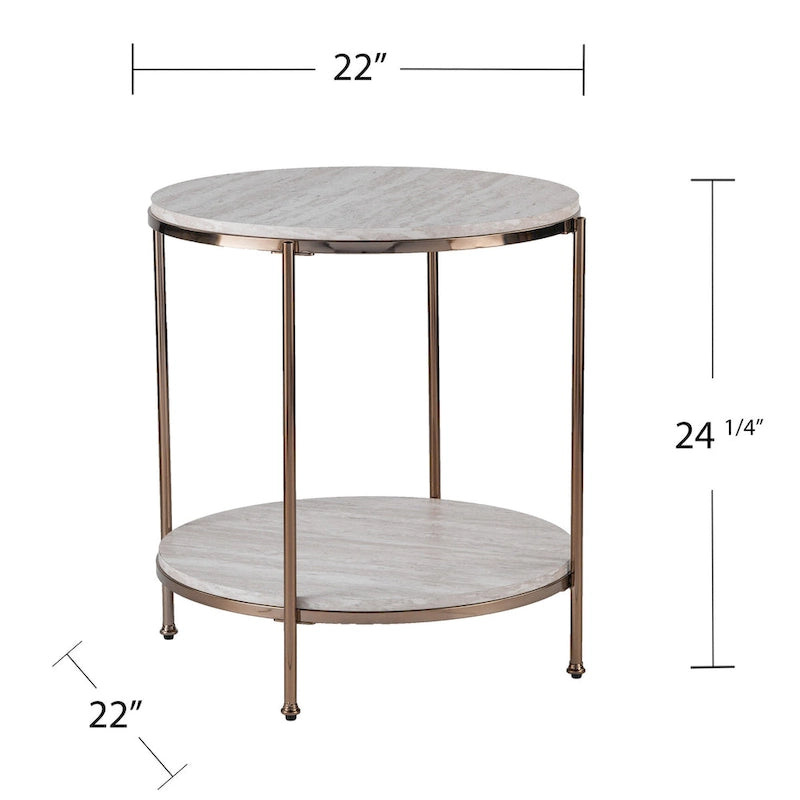HomeRoots 24 Table d'appoint ronde en faux marbre champagne et fer avec étagère - 22x22x24.25