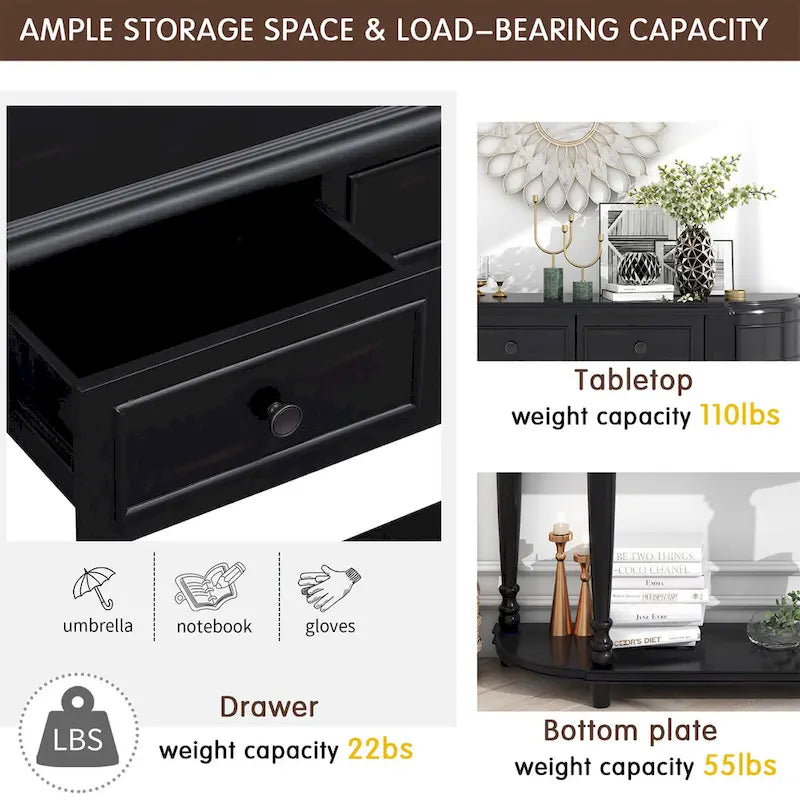 Console de style rétro à plateau incurvé avec étagère ouverte