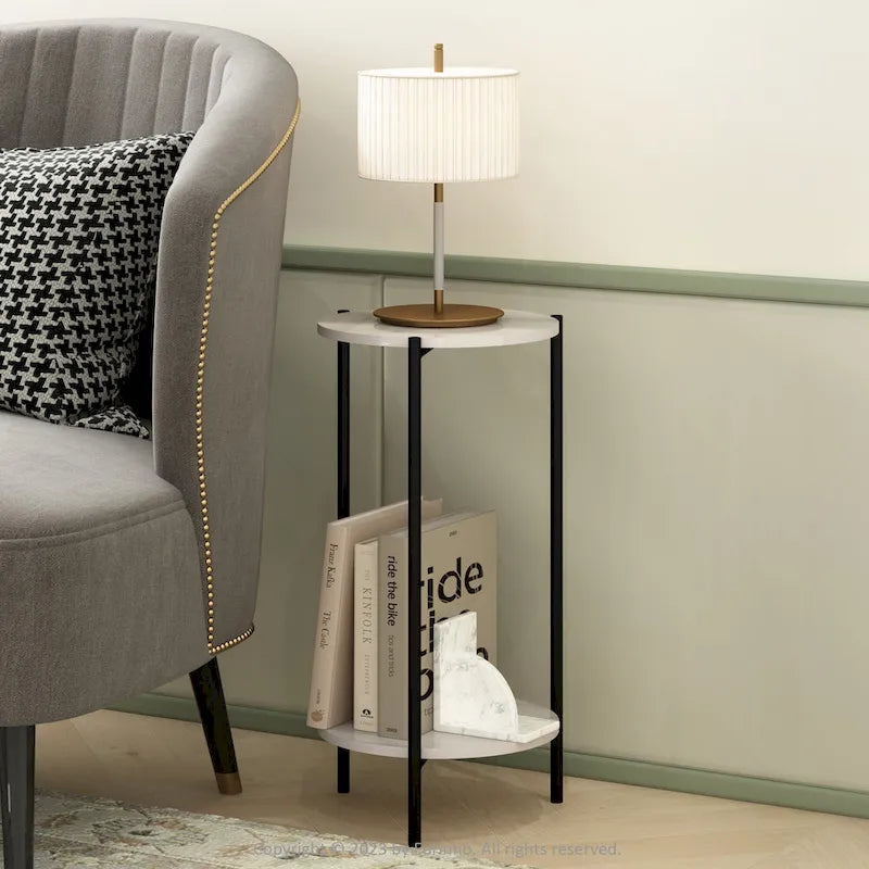 Furinno Besi Table d'appoint ronde moderne à 2 niveaux avec pieds en métal robuste, Americano