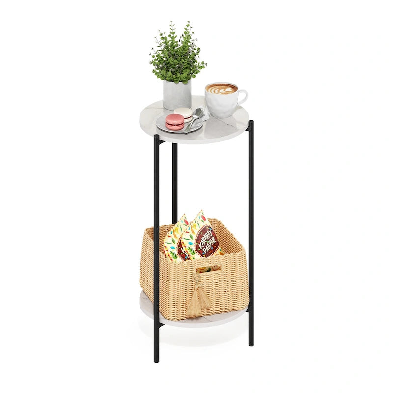 Furinno Besi Table d'appoint ronde moderne à 2 niveaux avec pieds en métal robuste, Americano